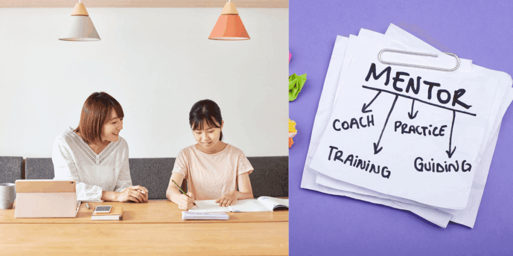 女子児童のSTEM学習を優しくサポートする女子大学生メンターの姿。次世代育成を担うロールモデルとして活躍するイメージ。