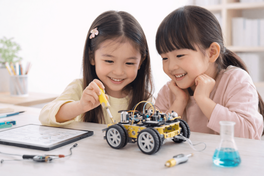 やってみたいを止めないその一言が未来の選択肢を変える - SheSTEM Japan|教育×ジェンダー×共創で、未来を変える。 STEM教育に取り組む日本人の女の子。ロボット制作を通じて理系分野への興味と学びを深める様子