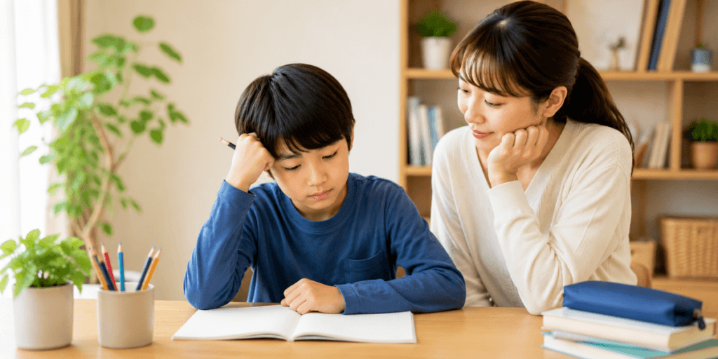 子どもの“考える途中”を見守る親子の学習風景 - SheSTEM Japan|教育×ジェンダー×共創で、未来を変える。 宿題をしながら考え込む子どもを、隣で静かに見守る母親の様子。結果だけでなく、考える過程を大切にする家庭での学びのイメージ。