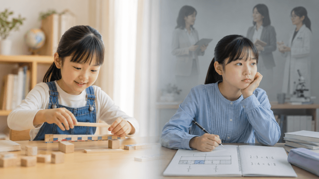 小4の壁|計算から説明へ変わる学び - SheSTEM Japan|教育×ジェンダー×共創で、未来を変える。 ブロックで遊ぶ幼い女の子と、算数のノートを前に考え込む小学生の女の子を並べ、小4前後で計算から説明へ学びが変わる様子を表した画像。