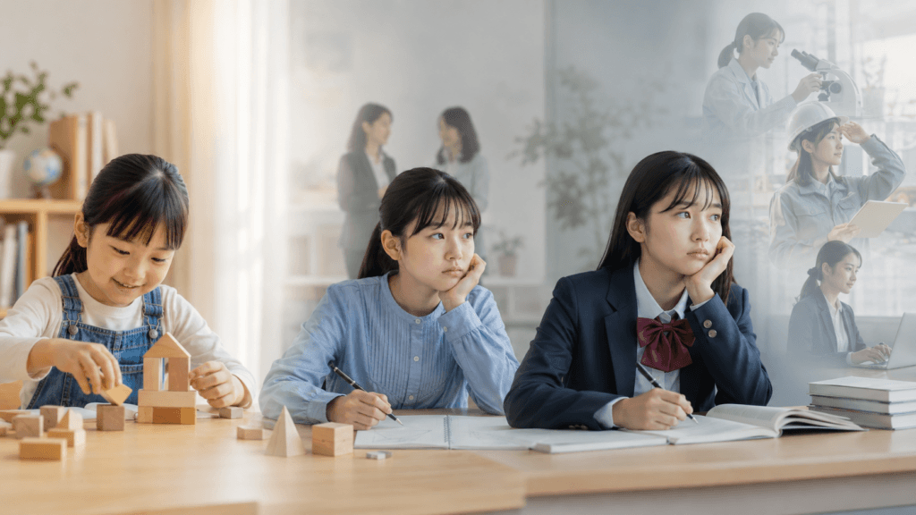 幼児期に積み木で遊ぶ女の子、小学生として学ぶ姿、進路を考える女子高校生と、研究者や技術者として働く女性の未来像