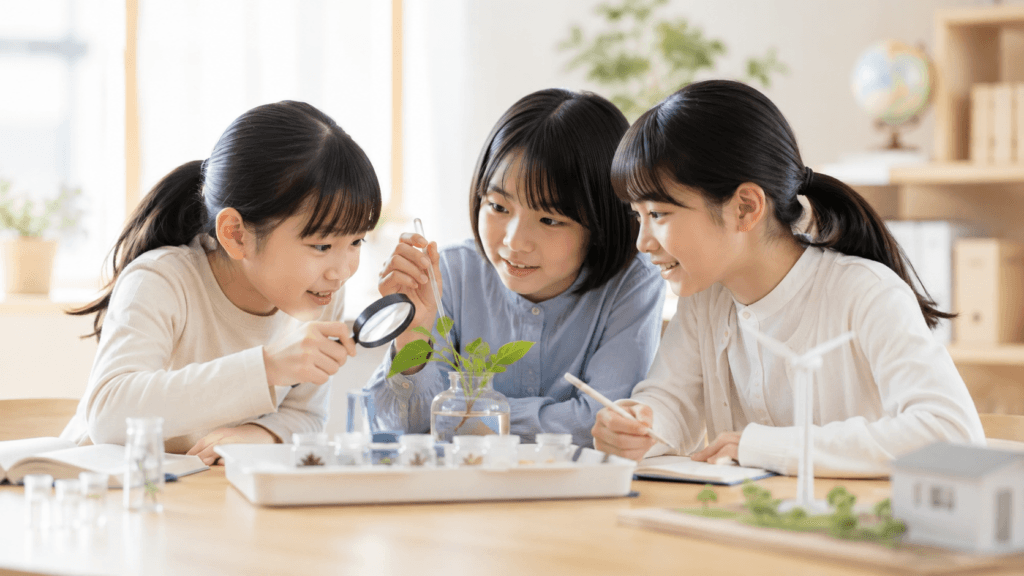 植物を観察し、記録しながら協力して探究学習に取り組む女子児童たち