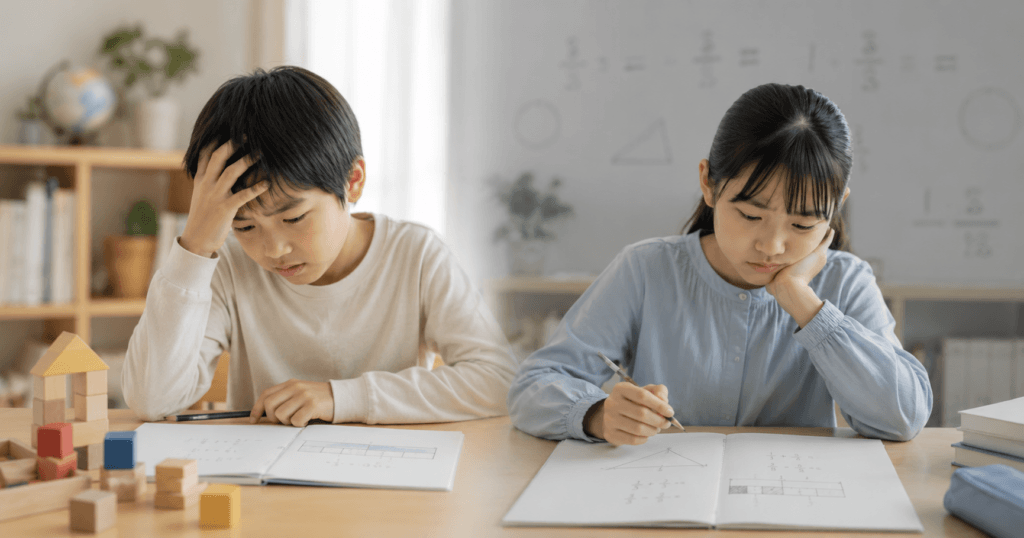 数学不安を抱える子どもたち - SheSTEM Japan|教育×ジェンダー×共創で、未来を変える。 算数のノートを前に、不安そうな表情で問題に取り組む小学生の男の子と女の子