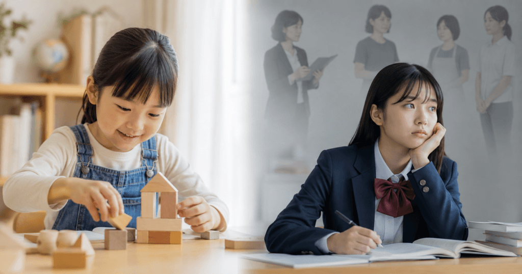幼児期に積み木で遊ぶ女の子と、将来の進路に悩む女子生徒を並べて、女子のSTEM離れの背景にある成長段階と選択の変化を表したイメージ