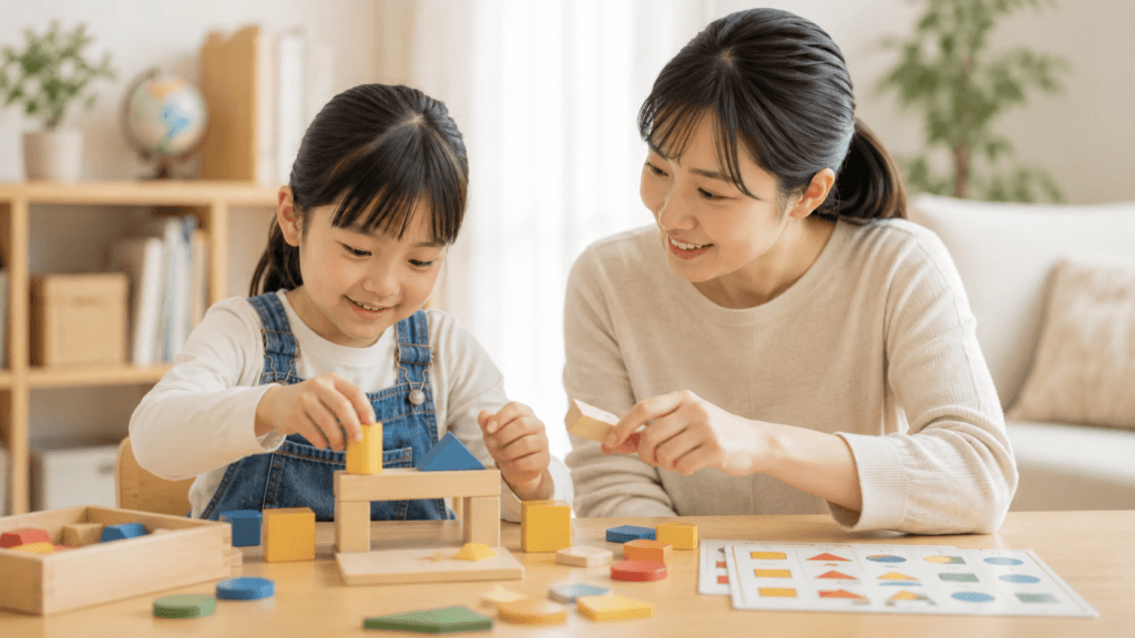 母親と一緒に木製ブロックを並べたり組み立てたりして遊ぶ女の子。幼児期の遊びと大人の関わりが、考える力の土台を育てる様子。