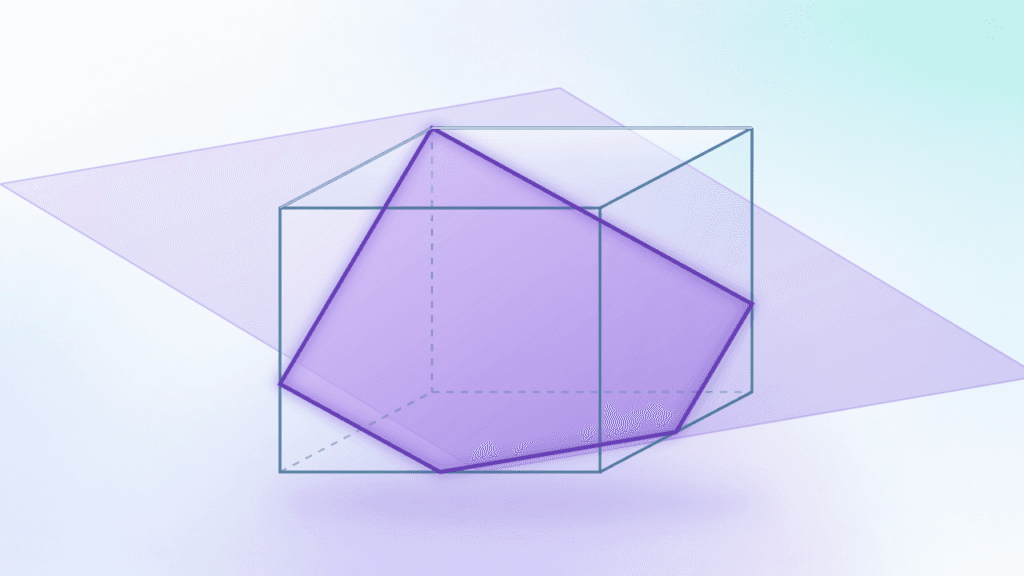 高槻中アイキャッチ画像 - SheSTEM Japan|教育×ジェンダーから、女子のSTEMの選択肢を広げる Three-dimensional geometric illustration: a transparent cube intersected by a rotated purple polygon and a translucent purple plane against a soft gradient background.