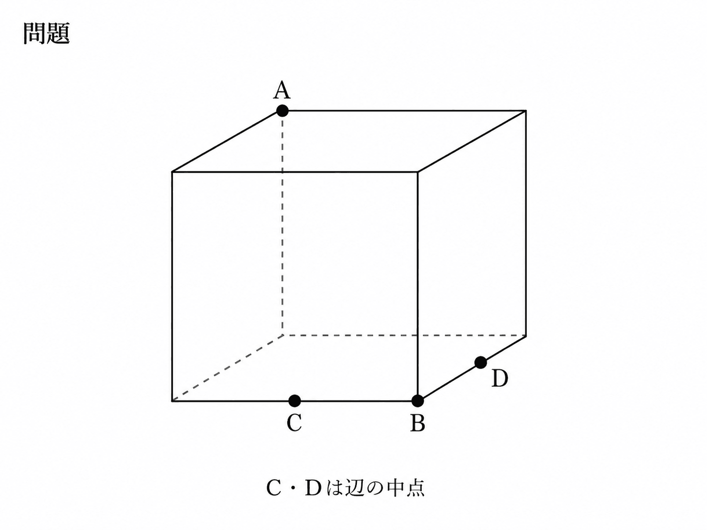 高槻中学校2023年度入試の立体切断問題。立方体上にA、B、C、Dが示されている